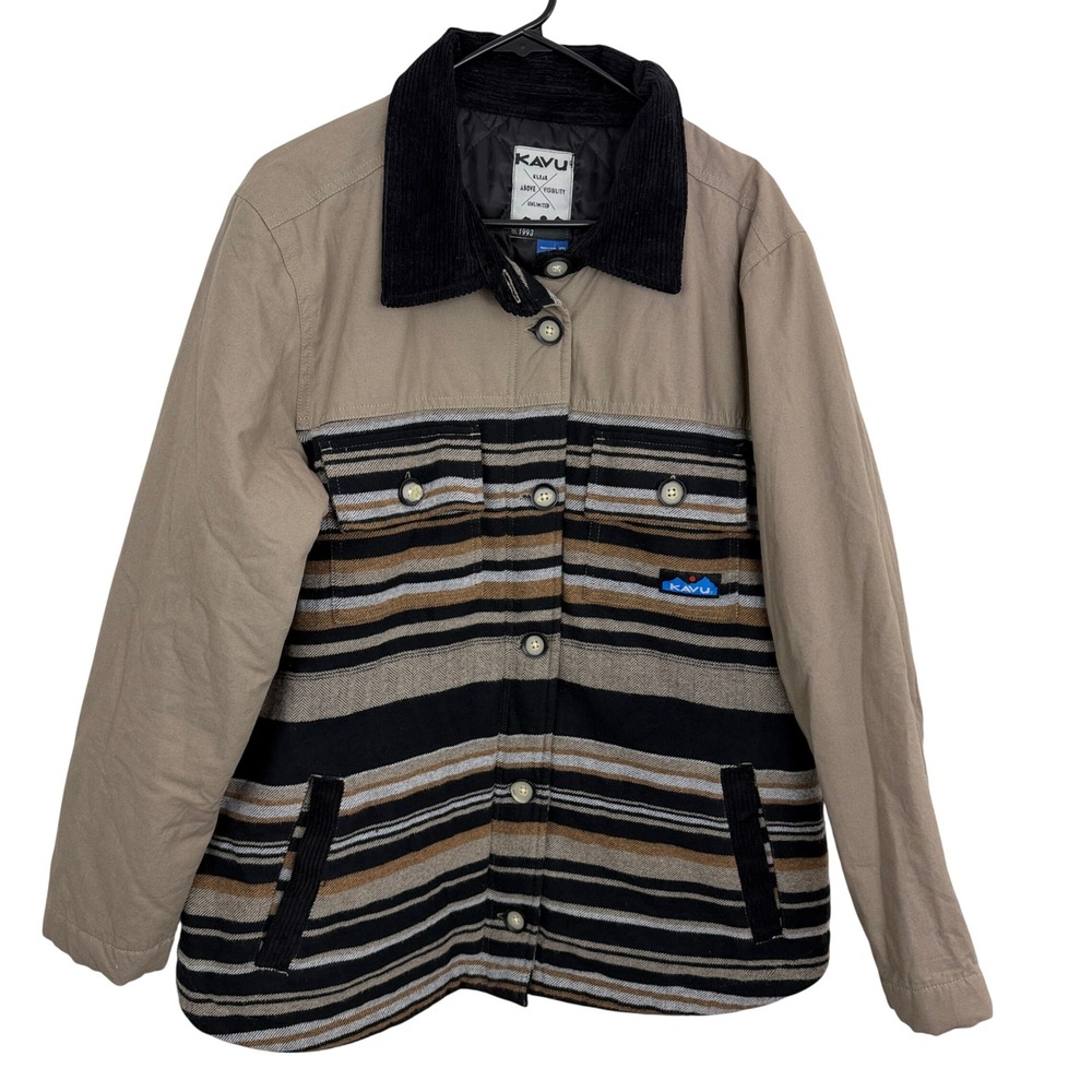 KAVU Jacket Womens XXL Tan Striped Corduroy Trim Quilted Lined Canvas Coat